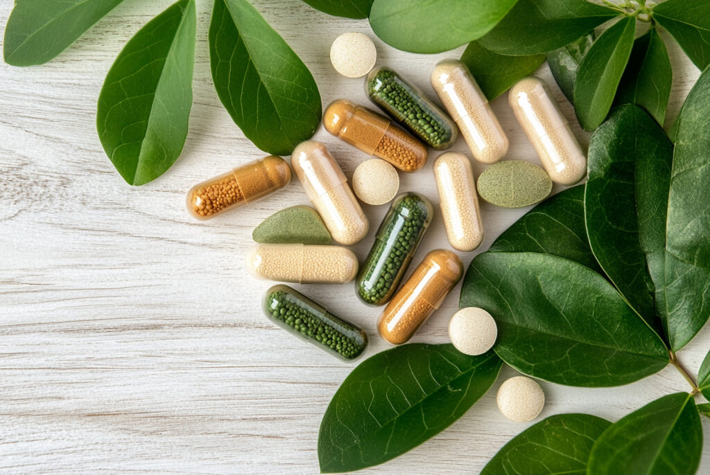 Natural herbal supplements and green leaves on white wooden back